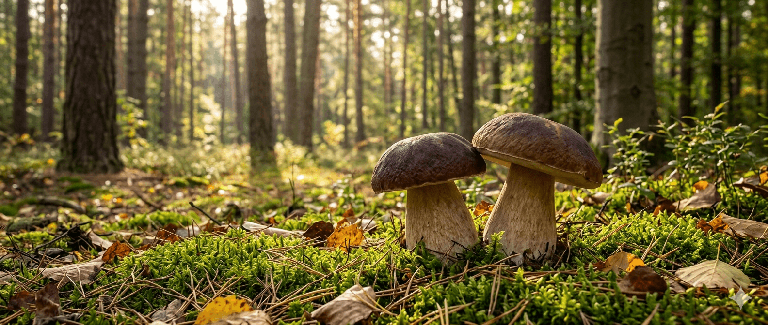 Dwa borowiki szlachetne na leśnym runie